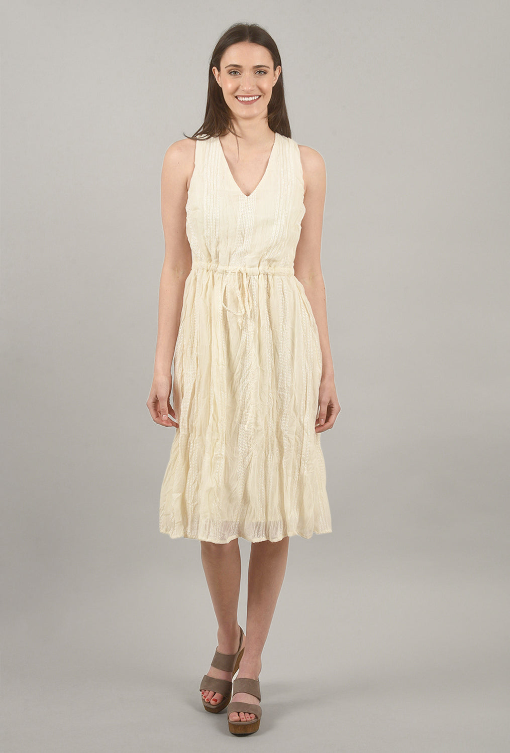 V-Neck Sleeveless Pleated Dress, Ivory