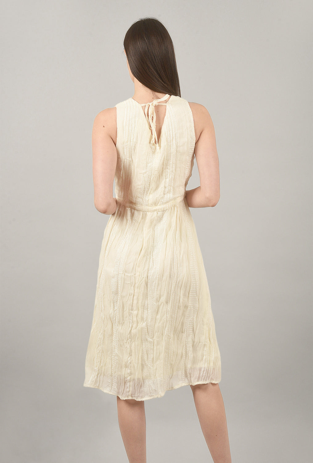 V-Neck Sleeveless Pleated Dress, Ivory