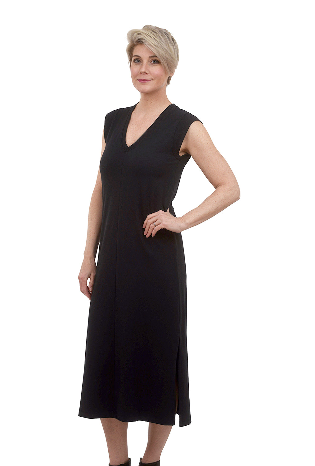 V-Neck Rib Sleeve Midi Dress, Black