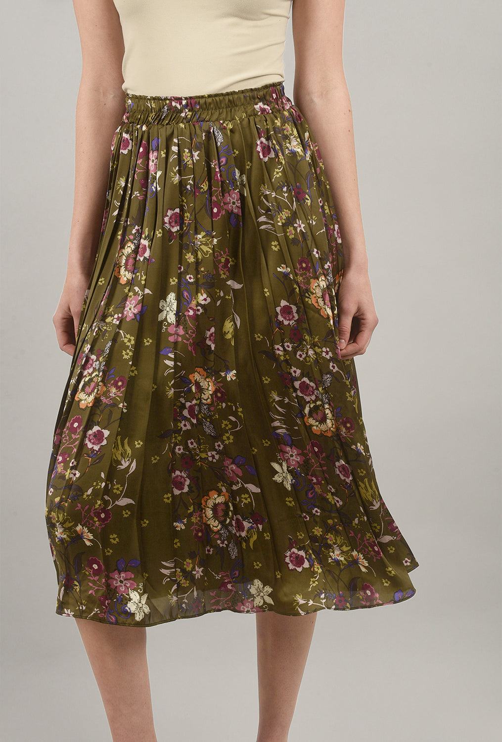 Flower-Print Pleated Skirt, Olive