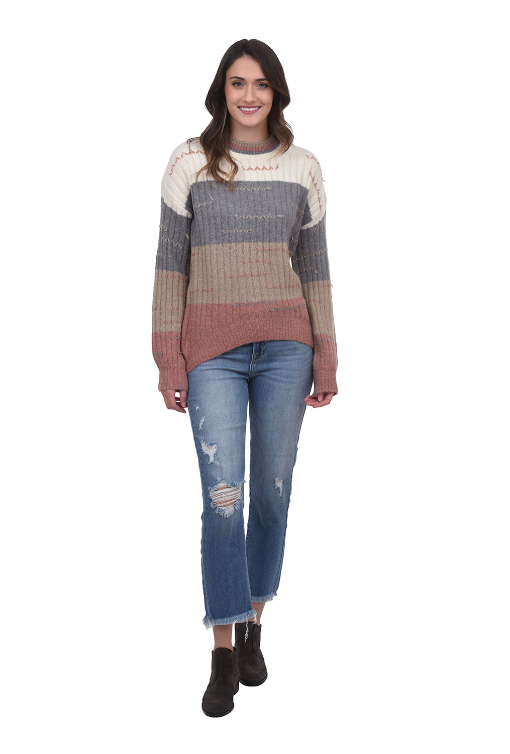 Color-Block Pulled Thread Sweater, Denim