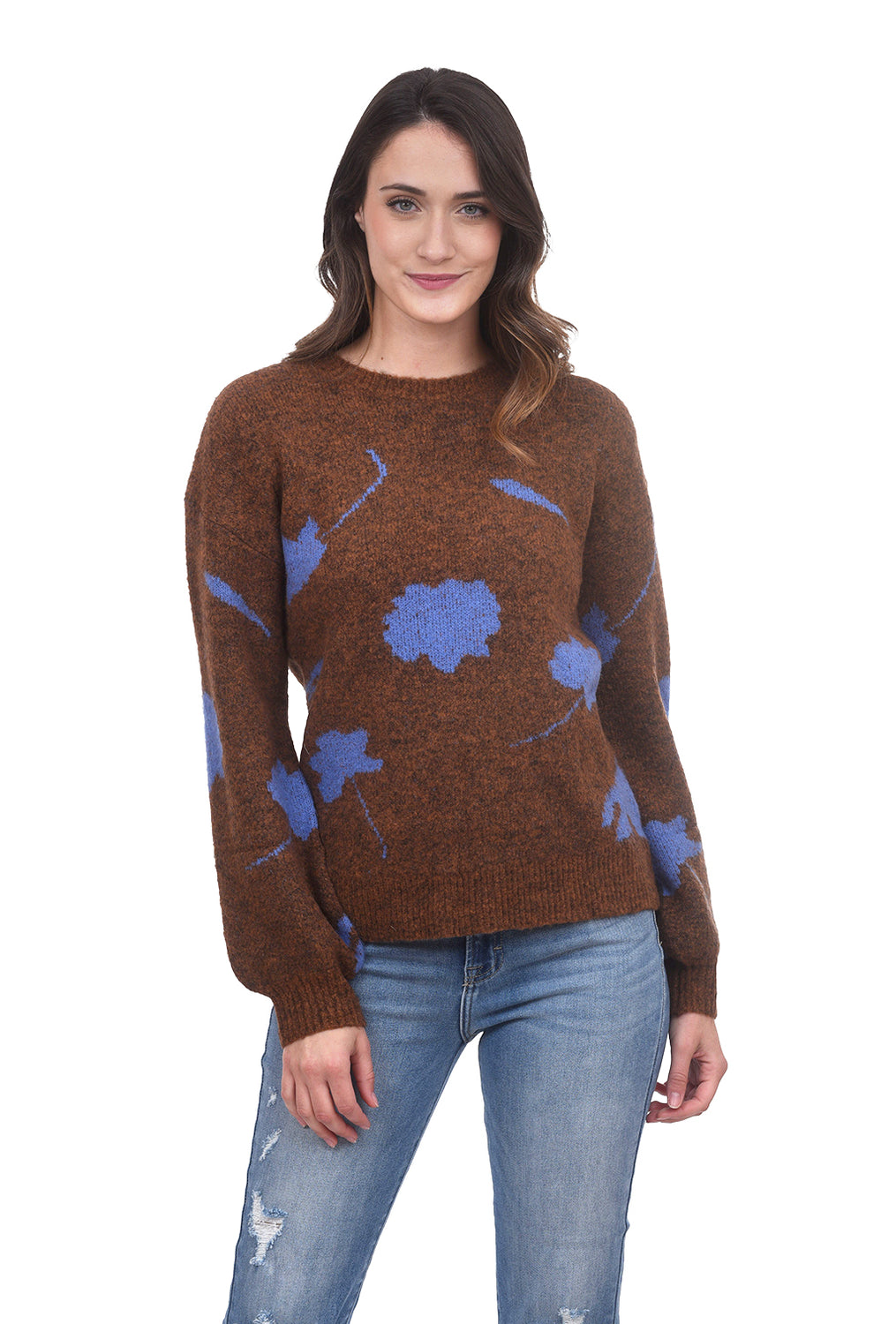 Flower Print Crew Sweater, Brown