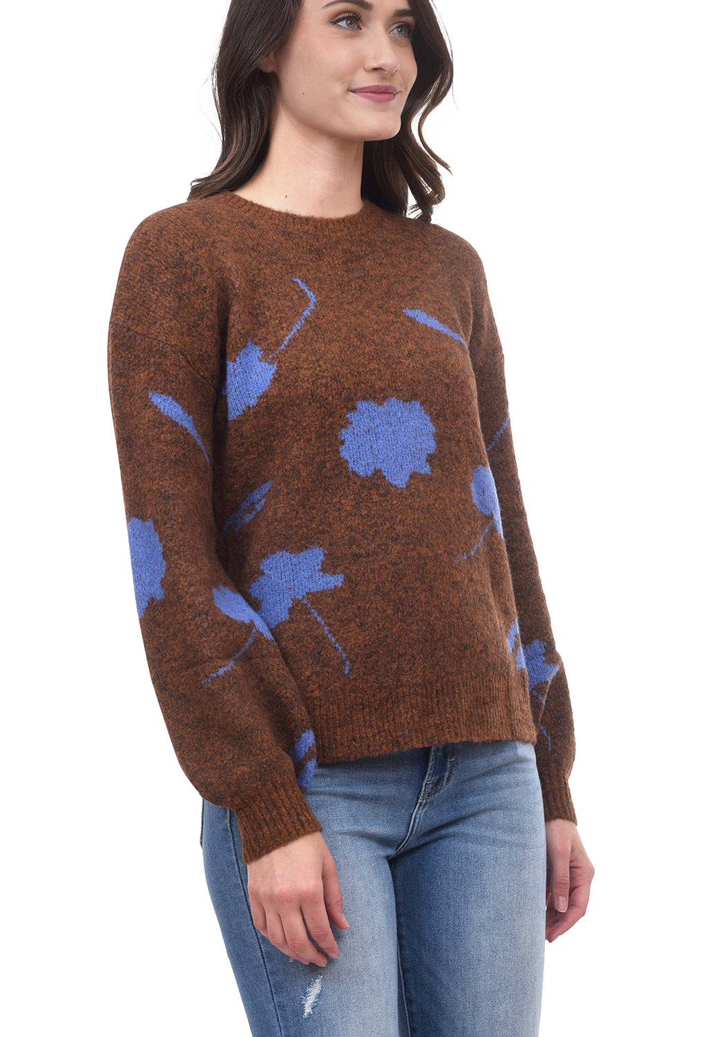 Flower Print Crew Sweater, Brown
