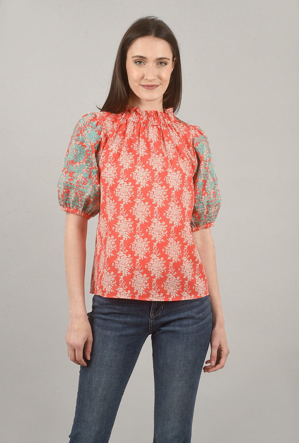 Puff-Sleeve Embroidered Top, Coral