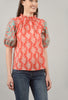 Puff-Sleeve Embroidered Top, Coral