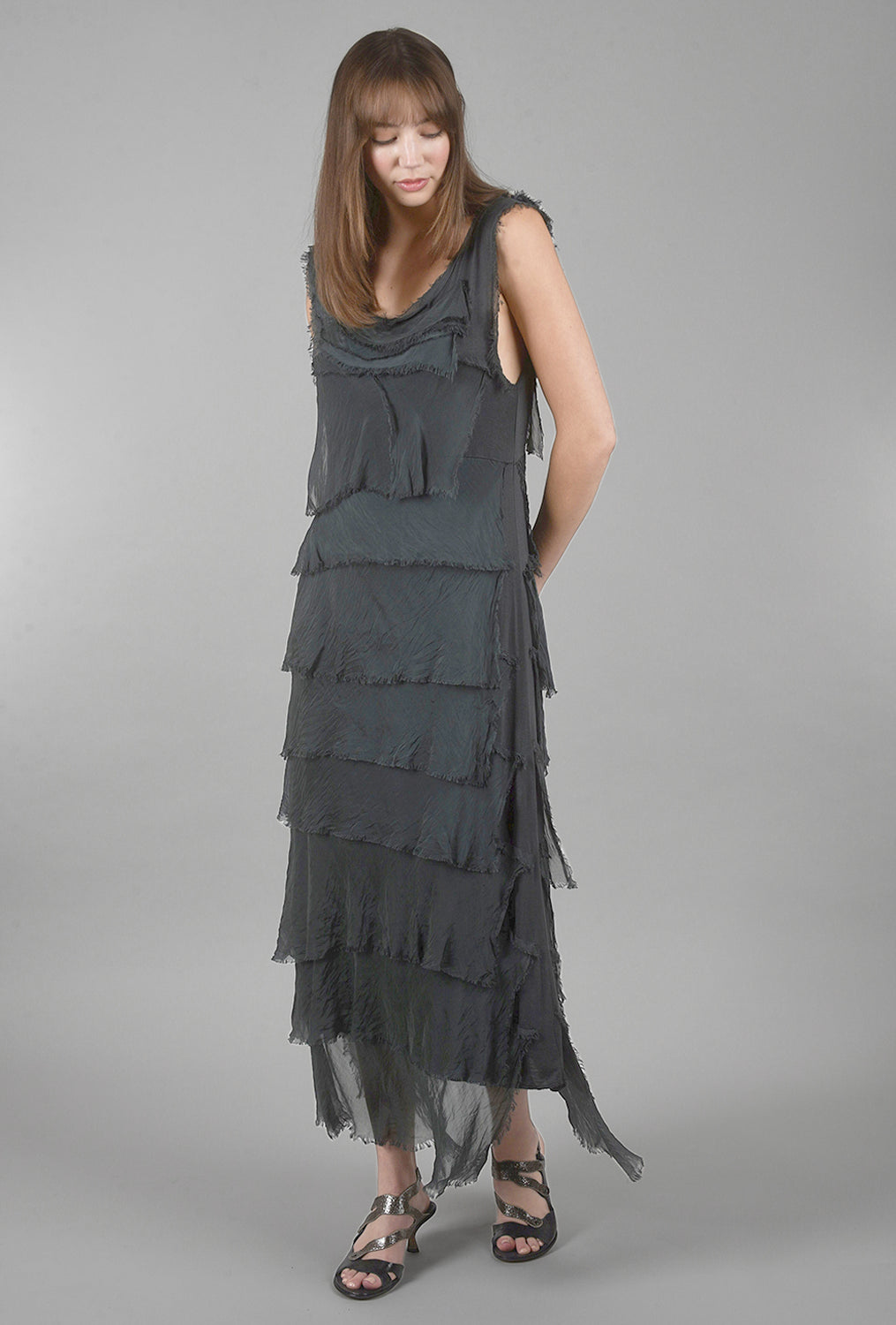 Long Tattered-Tiers Dress, Charcoal