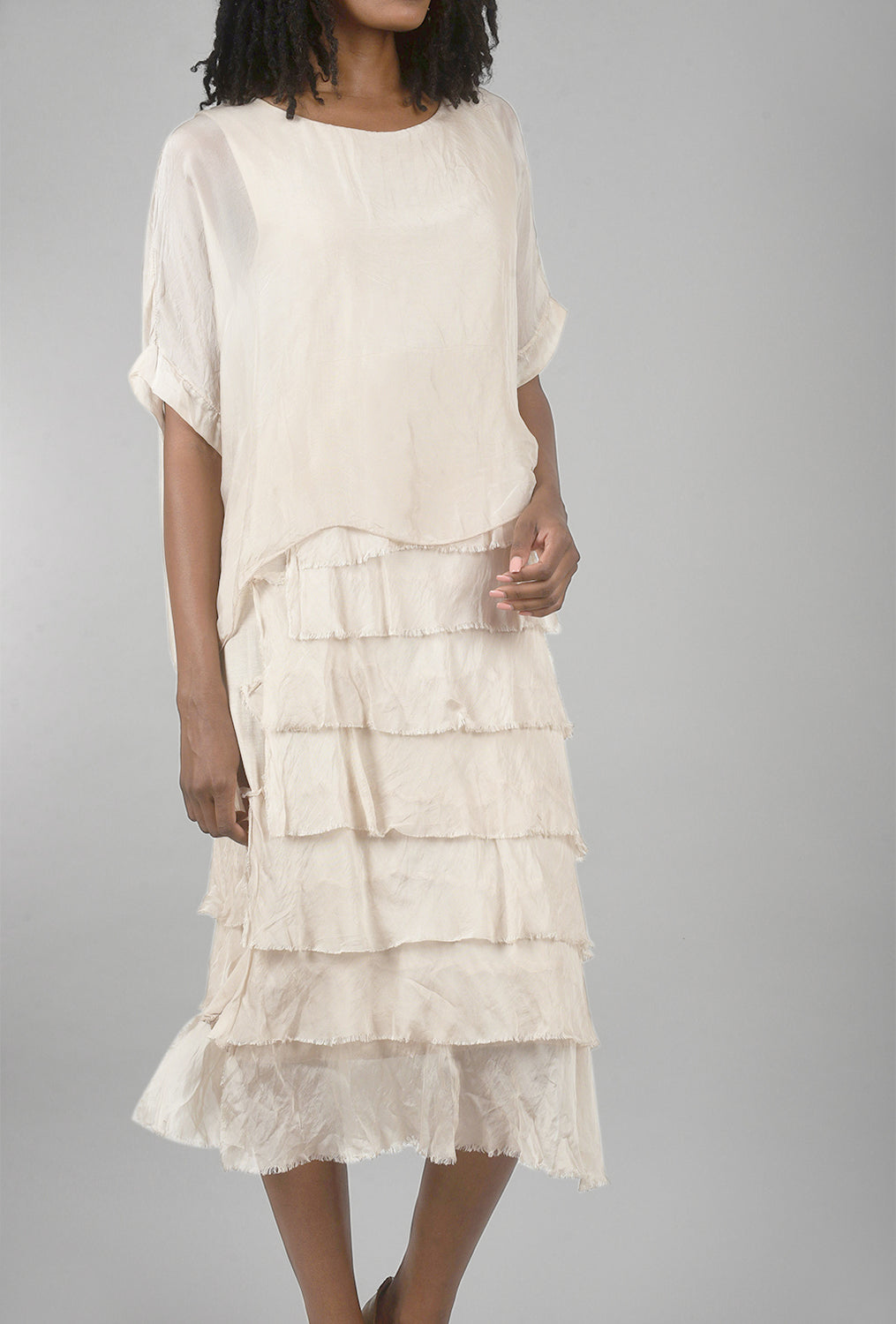 Sleeved Tattered-Tiers Dress, Champagne