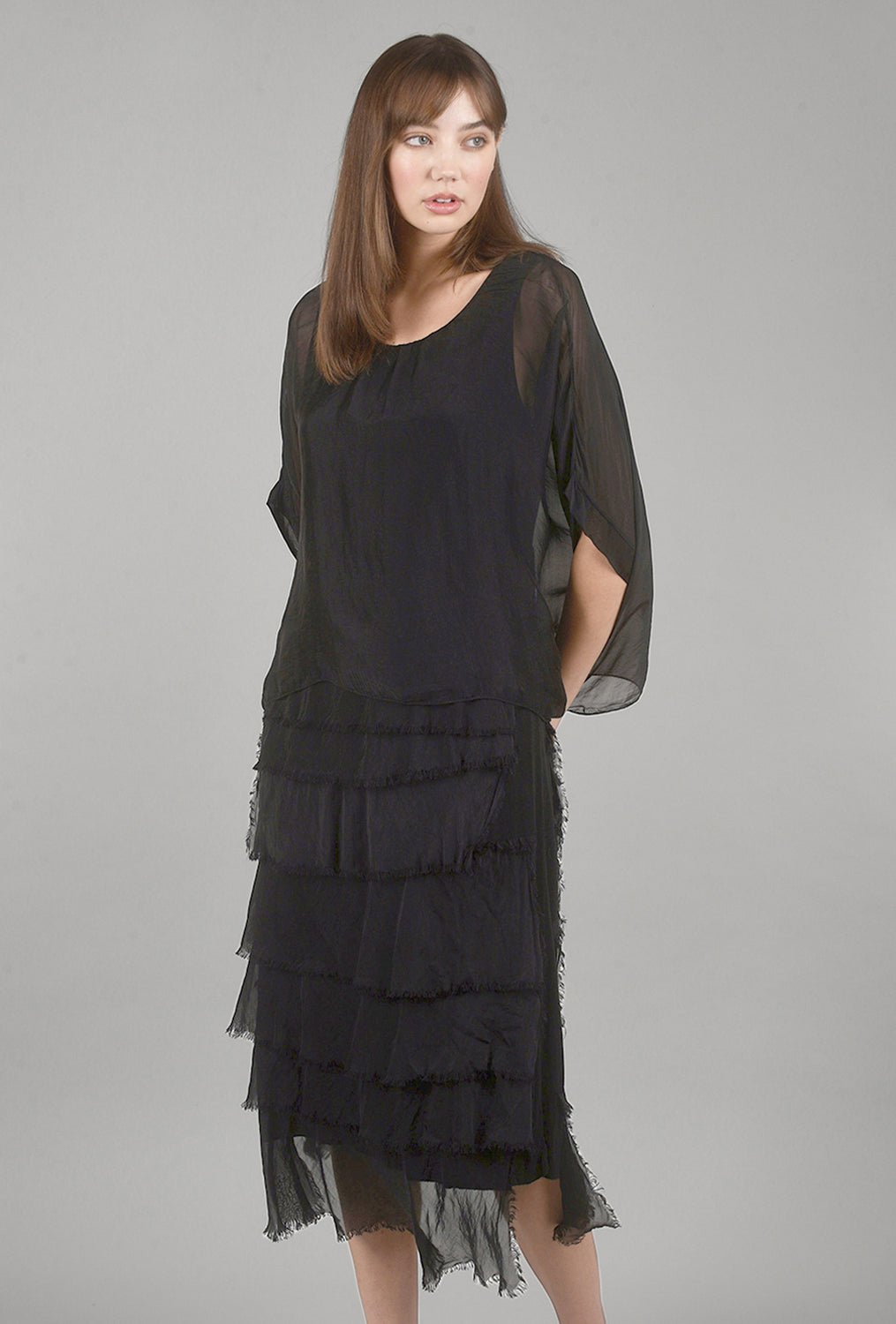 Sleeved Tattered-Tiers Dress, Black