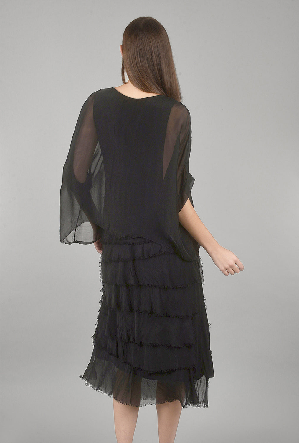 Sleeved Tattered-Tiers Dress, Black