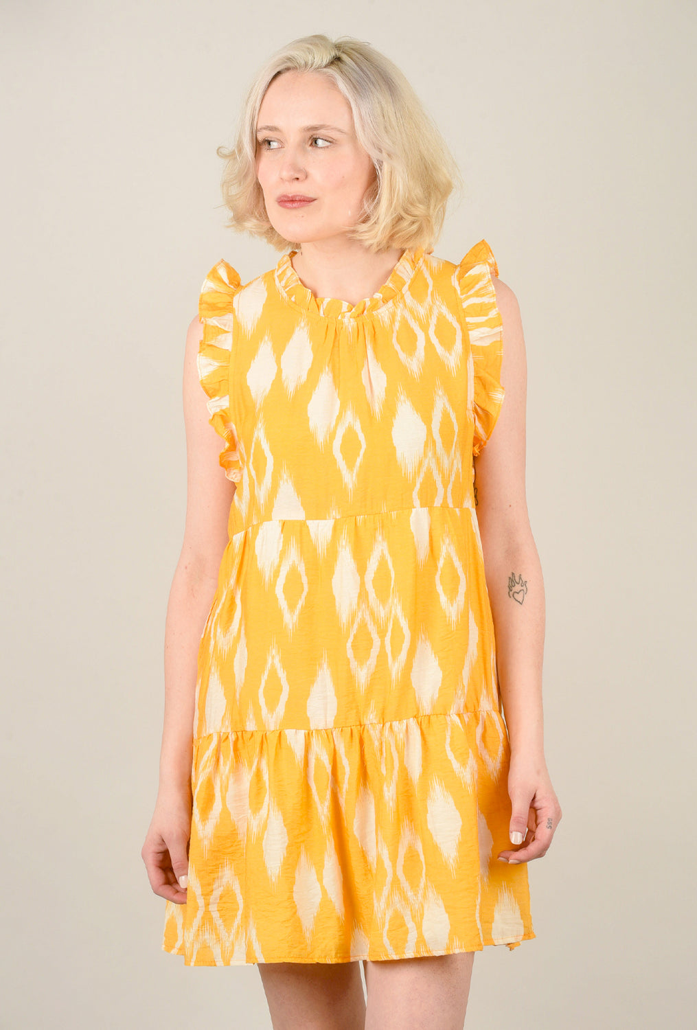 Ikat Print Tiered Dress, Yellow